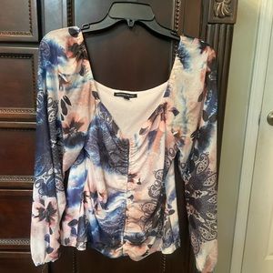 Paisley print, ruched front, square neck. Gently worn.